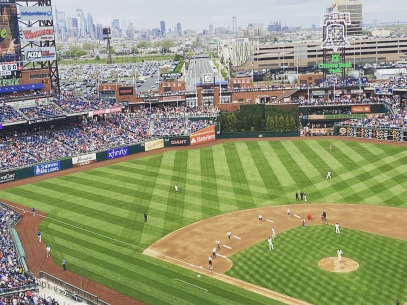 View of the field and Philadelphia skyline from the upper deck at Citizens Bank Park
